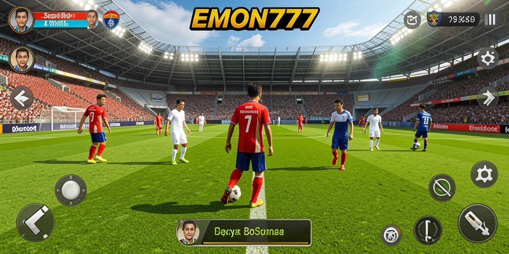 Screenshot utama EMON777 menunjukkan aksi seru di lapangan sepak bola.