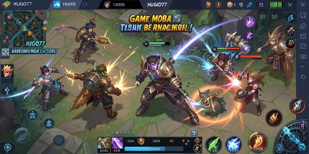 Screenshot HUGO77 menampilkan pertempuran seru dalam arena MOBA.