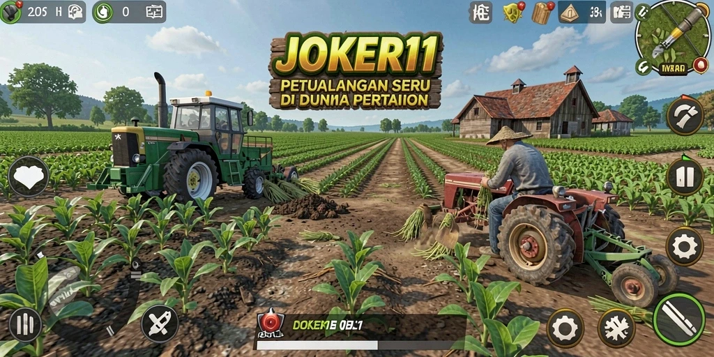 Screenshot JOKER11 menampilkan ladang yang subur dengan tanaman berwarna-warni.