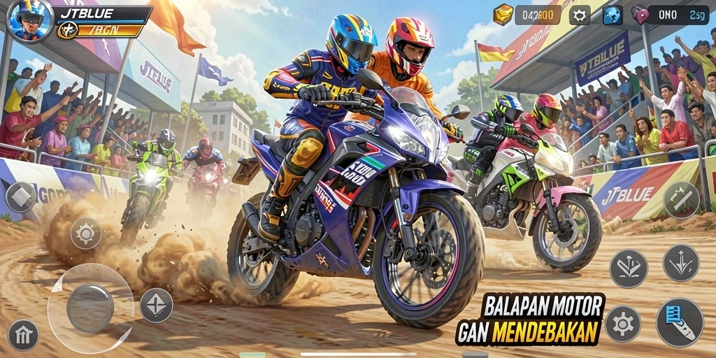 Screenshot gameplay JTBLUE menampilkan aksi balapan motor yang mendebarkan.