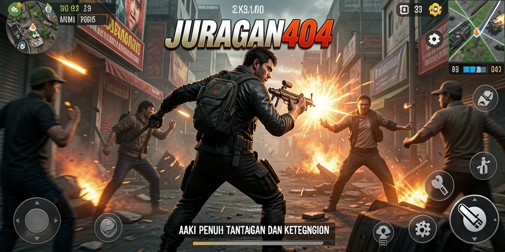 Tampilan gameplay intens dari JURAGAN404 dengan aksi seru.