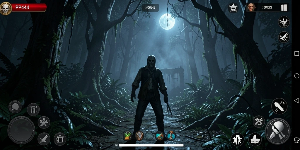 Tampilan gameplay PP444 dengan suasana mencekam dan makhluk horor yang mengintai.