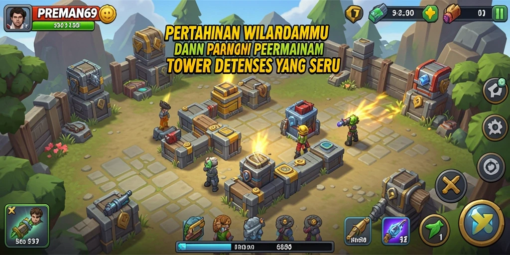 Tangkapan layar PREMAN69 menunjukkan gameplay seru dalam pertempuran Tower Defense.