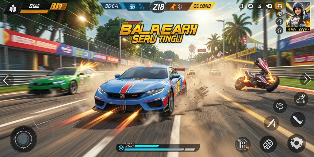Gameplay Z18 menunjukkan aksi balapan yang mendebarkan dan dramatis.